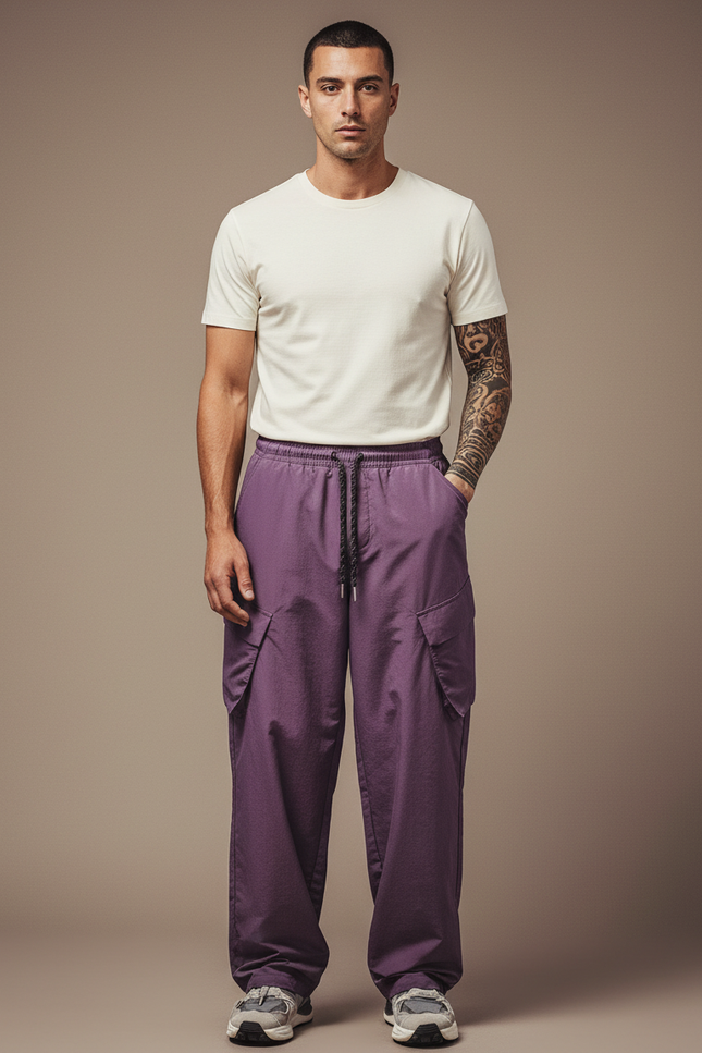 Pantalon Cargo Violet Ample Léger Multi-Poches Homme - Polyester