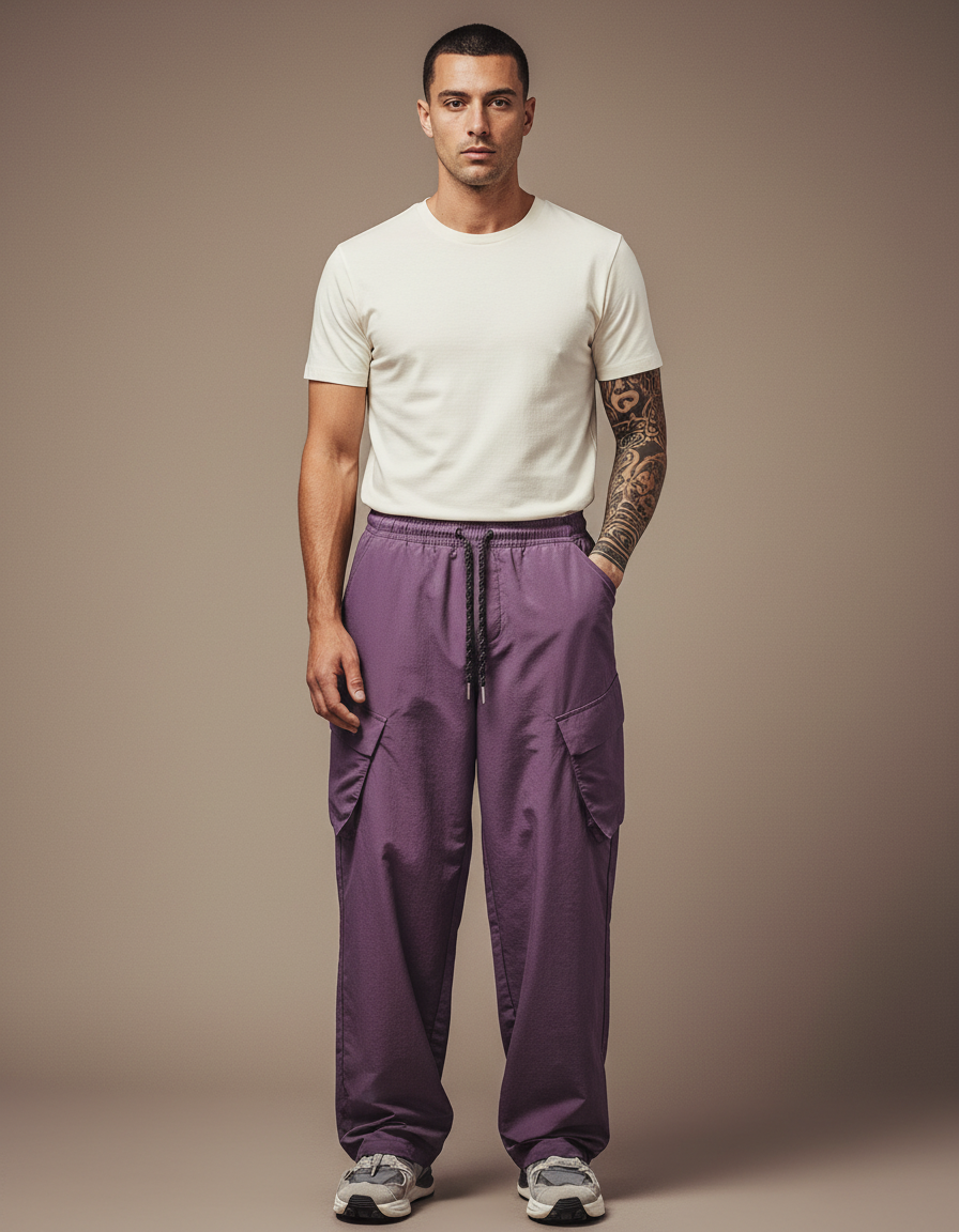 Pantalon Cargo Violet Ample Léger Multi-Poches Homme - Polyester