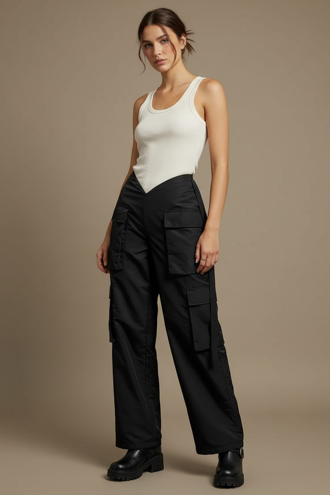 Pantalon Cargo Noir Ample Taille V Femme - Polyester