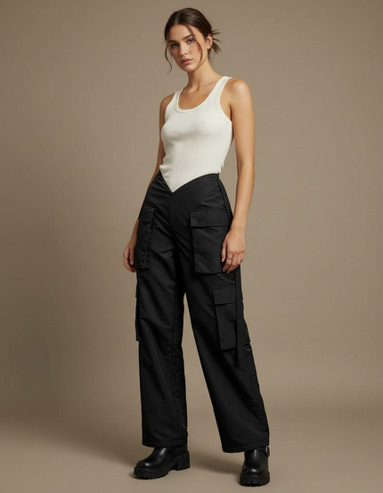 Pantalon Cargo Noir Ample Taille V Femme - Polyester