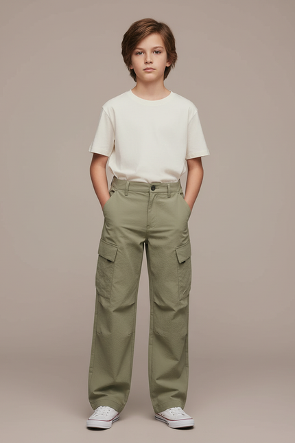 Pantalon Cargo Vert Kaki Ample Décontracté Coton Garçon - Toile