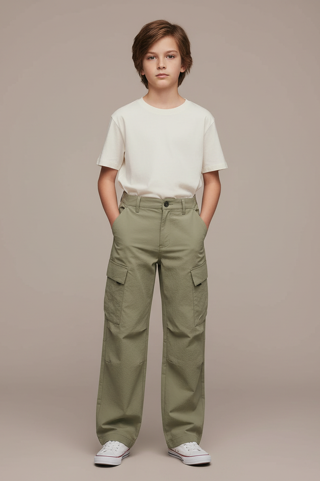 Pantalon Cargo Vert Kaki Ample Décontracté Coton Garçon - Toile