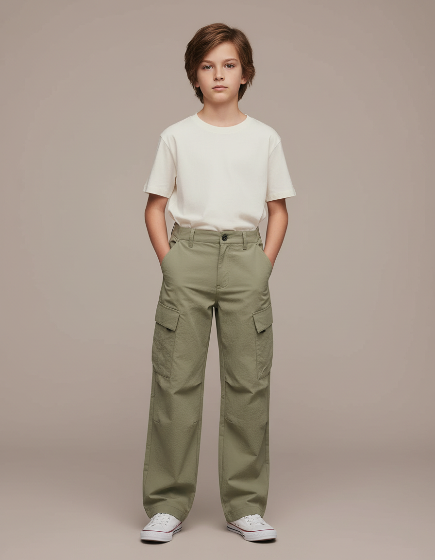Pantalon Cargo Vert Kaki Ample Décontracté Coton Garçon - Toile