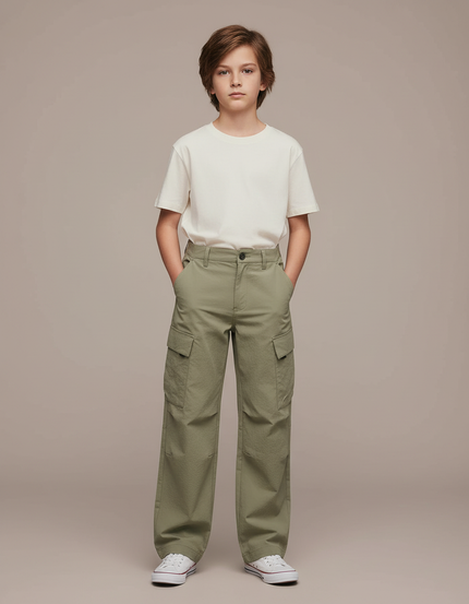 Pantalon Cargo Vert Kaki Ample Décontracté Coton Garçon - Toile