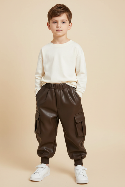 Pantalon Cargo Marron Similicuir Ample Enfant - Simili cuir