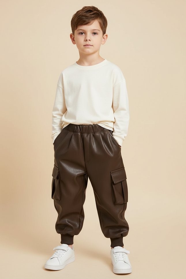 Pantalon Cargo Marron Similicuir Ample Enfant - Simili cuir
