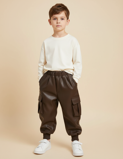 Pantalon Cargo Marron Similicuir Ample Enfant - Simili cuir