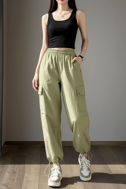 Pantalon Cargo Vert Large Ample Casual Femme - Polyester