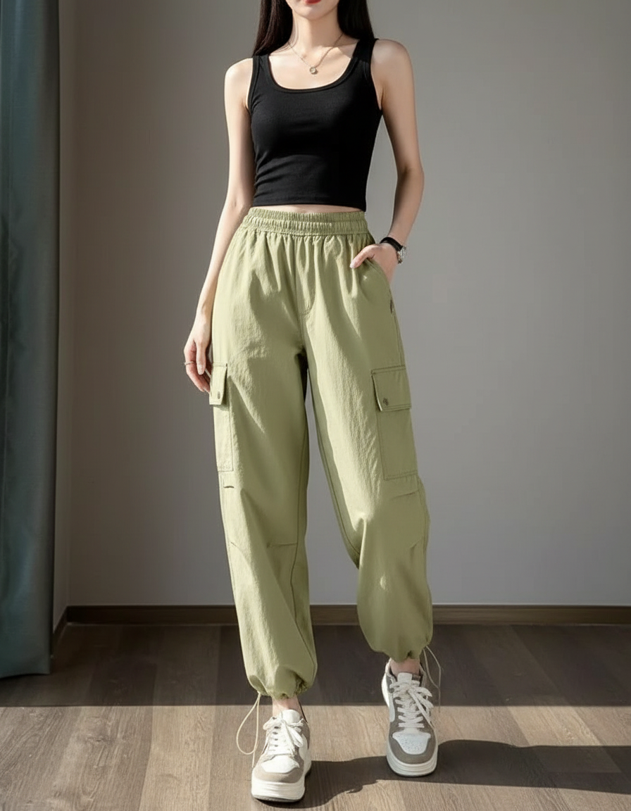 Pantalon Cargo Vert Large Ample Casual Femme - Polyester