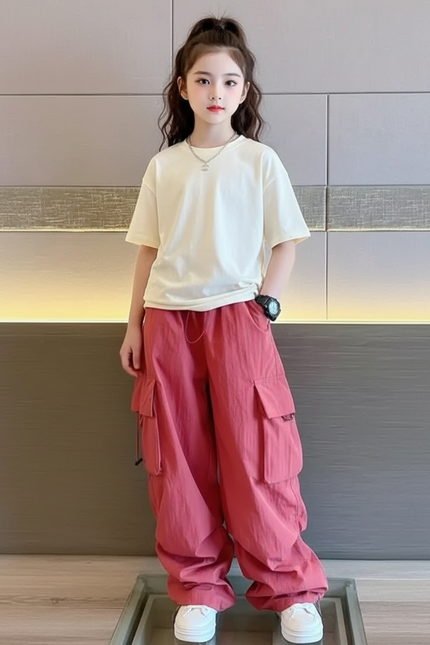 Pantalon Cargo Rose Ample Multipoches Fille Streetwear - Polyester