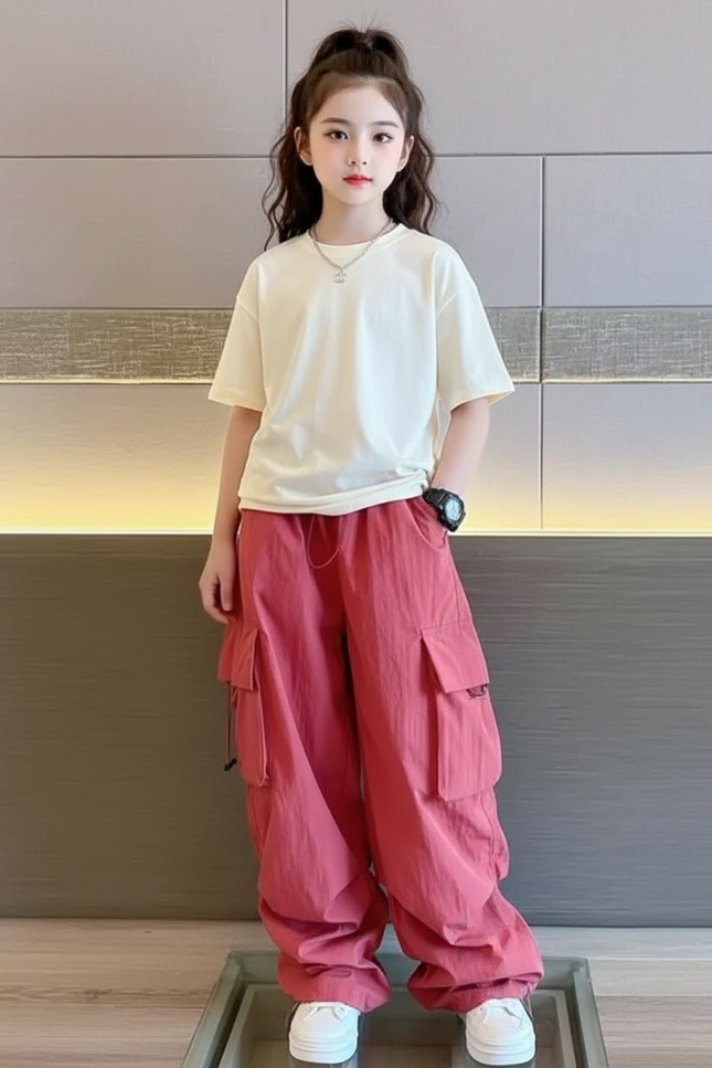 Pantalon Cargo Rose Ample Multipoches Fille Streetwear - Polyester