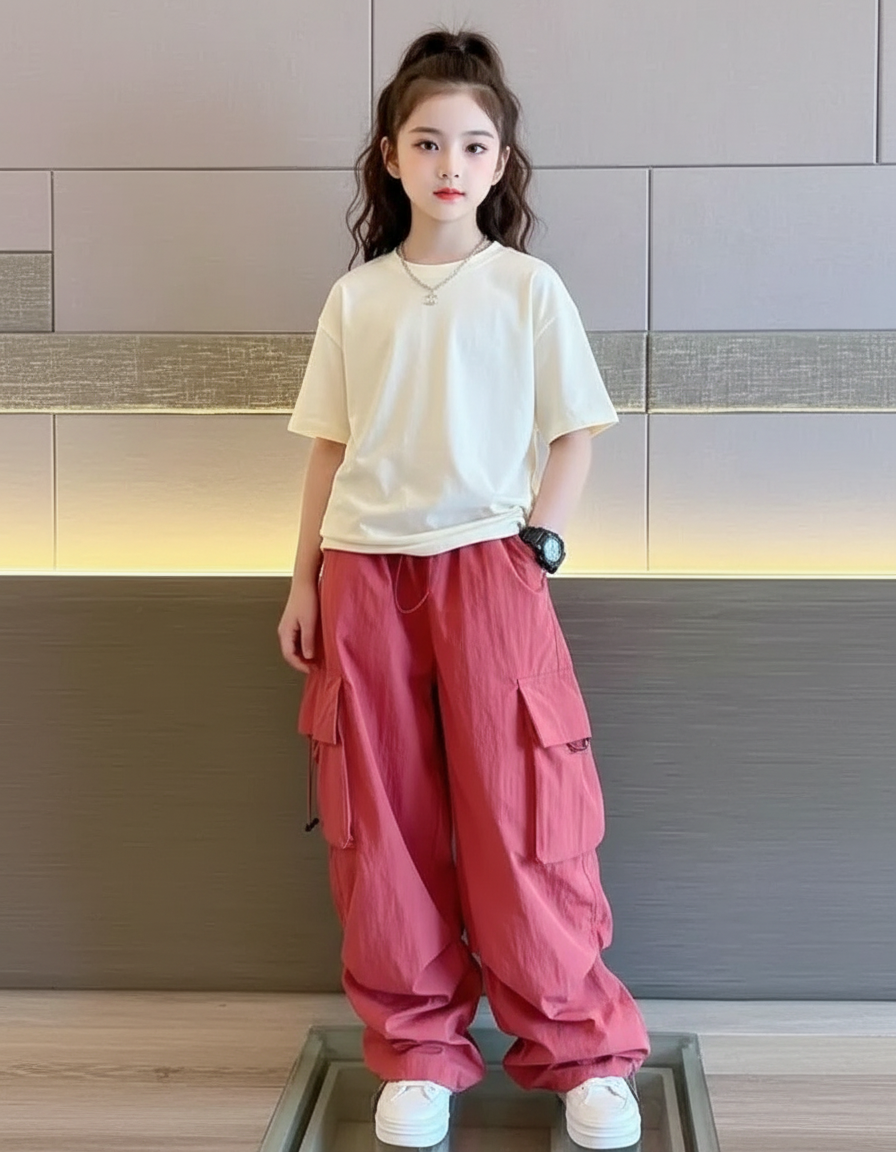 Pantalon Cargo Rose Ample Multipoches Fille Streetwear - Polyester