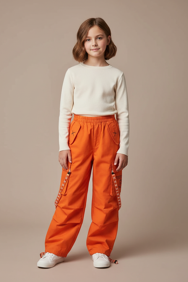 Pantalon Cargo Orange Ample Sangles Coton Enfant