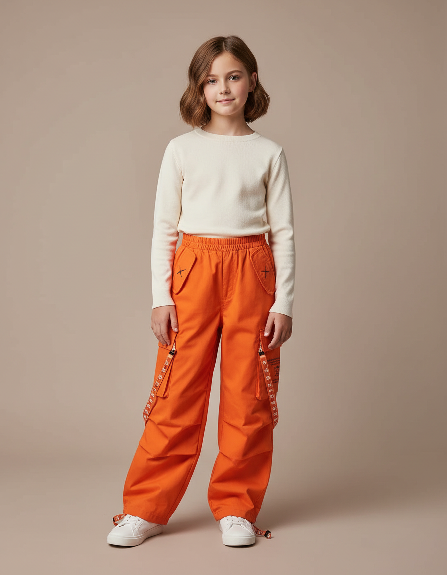 Pantalon Cargo Orange Ample Sangles Coton Enfant