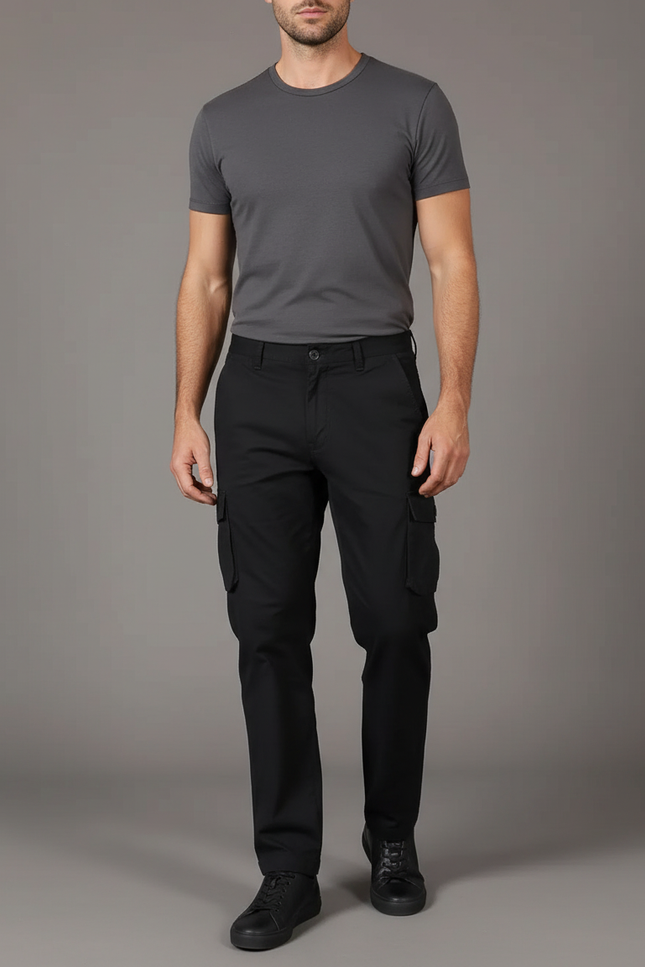 Pantalon Cargo Noir Coton Multipoches Homme Décontracté