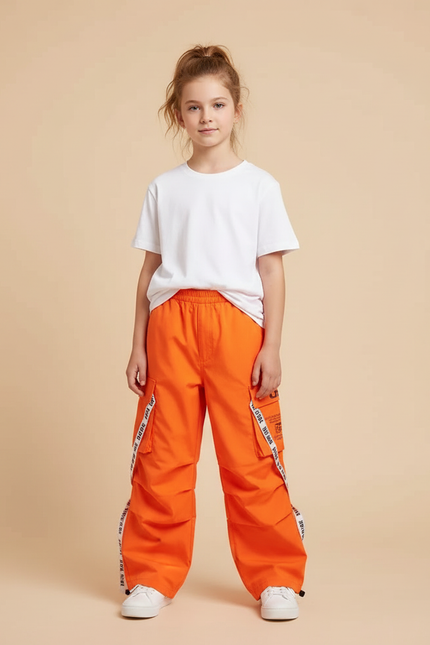 Pantalon Cargo Orange Ample Enfant Streetwear Sangles - Toile