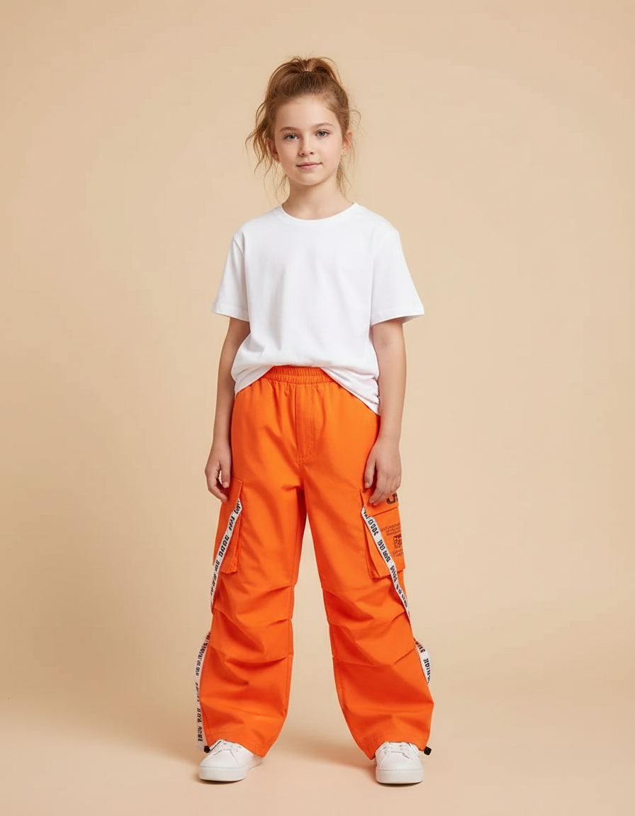 Pantalon Cargo Orange Ample Enfant Streetwear Sangles - Toile