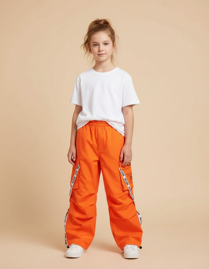 Pantalon Cargo Orange Ample Enfant Streetwear Sangles - Toile
