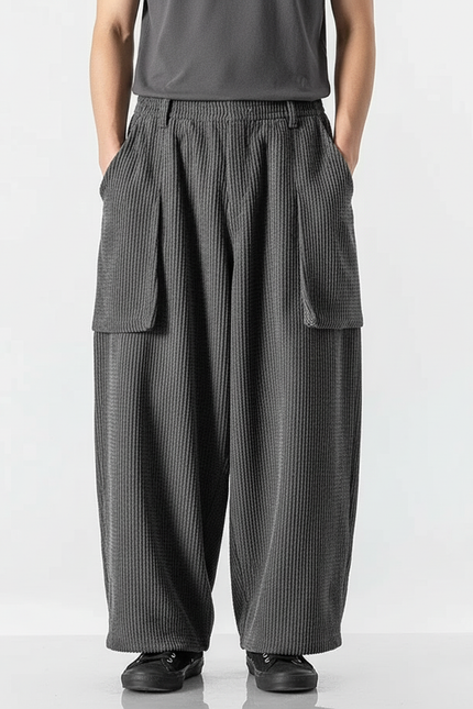 Pantalon Cargo Gris Côtelé Ample Décontracté - Cordé