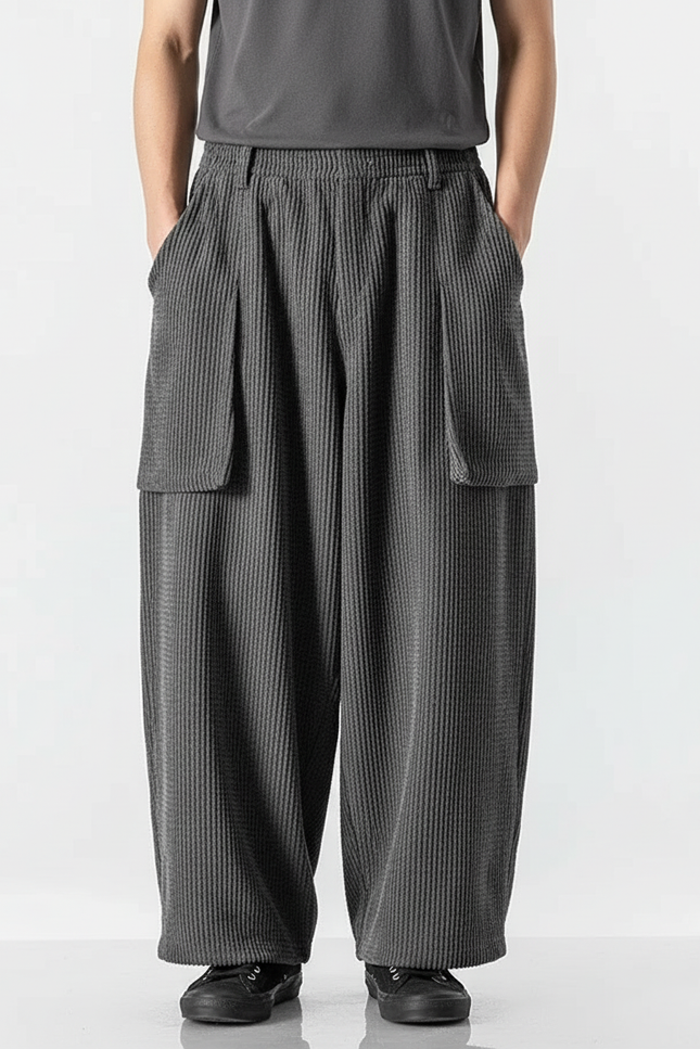 Pantalon Cargo Gris Côtelé Ample Décontracté - Cordé