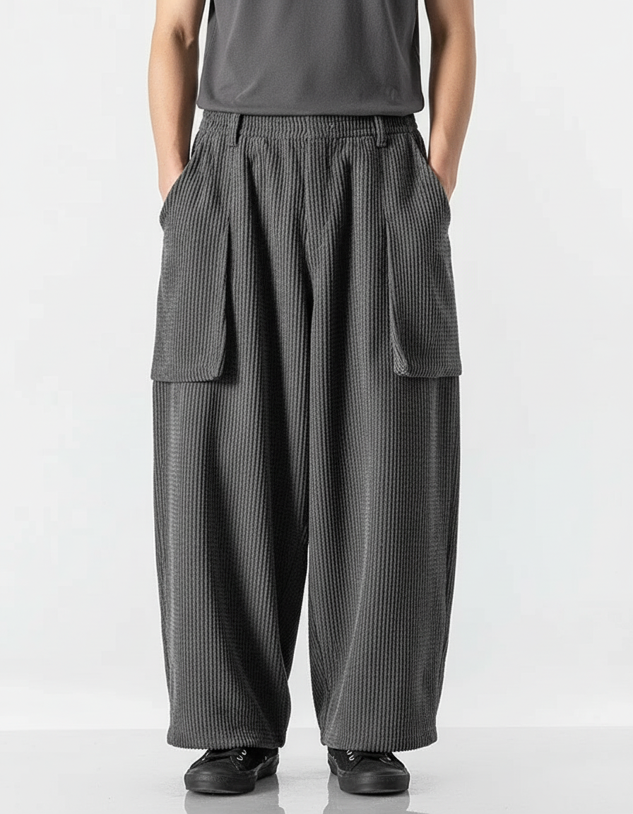 Pantalon Cargo Gris Côtelé Ample Décontracté - Cordé