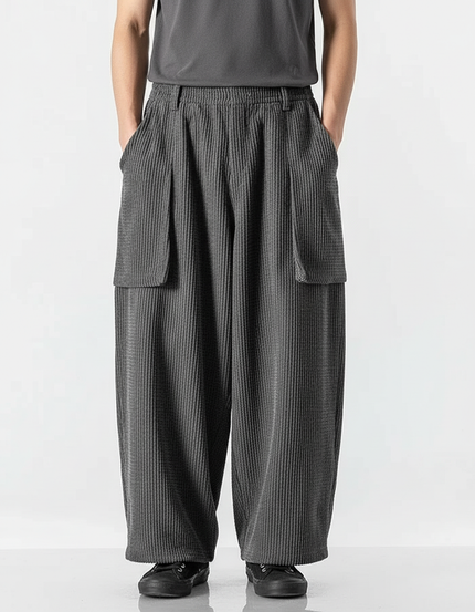 Pantalon Cargo Gris Côtelé Ample Décontracté - Cordé