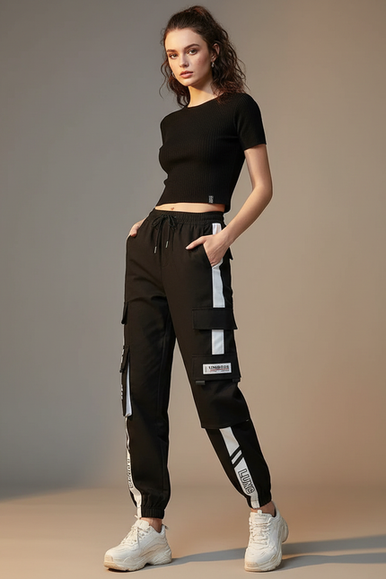 Pantalon Cargo Noir Décontracté Bandes Blanches Femme - Polyester