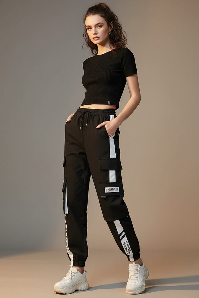 Pantalon Cargo Noir Décontracté Bandes Blanches Femme - Polyester