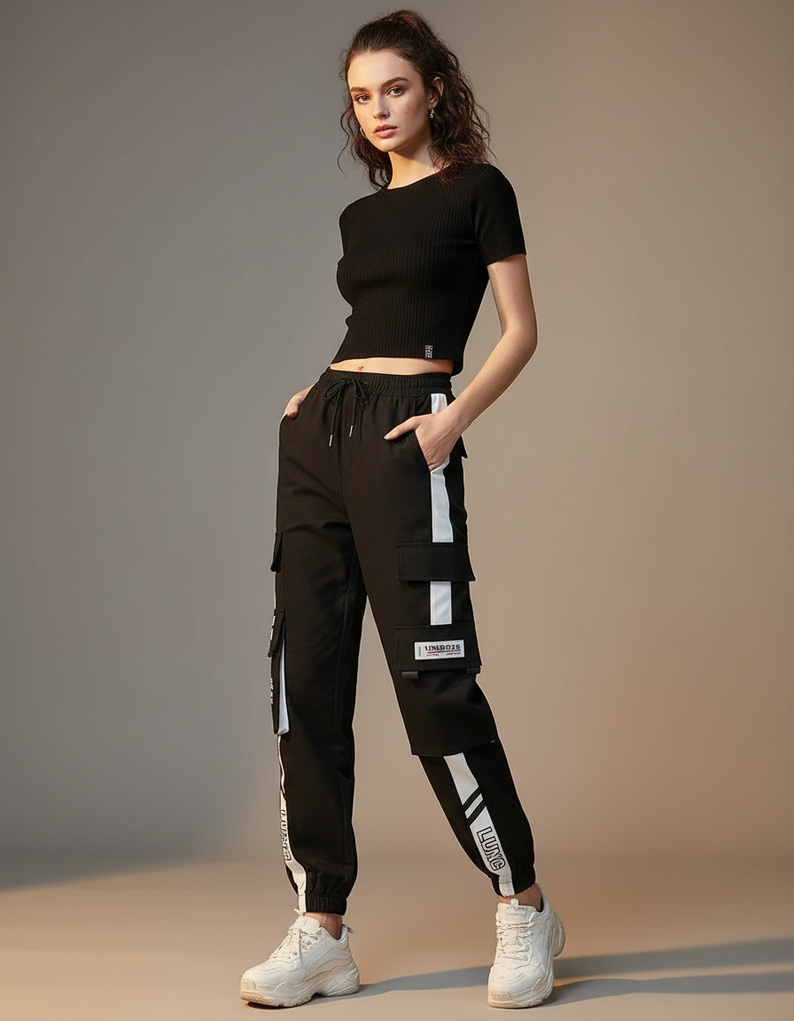 Pantalon Cargo Noir Décontracté Bandes Blanches Femme - Polyester