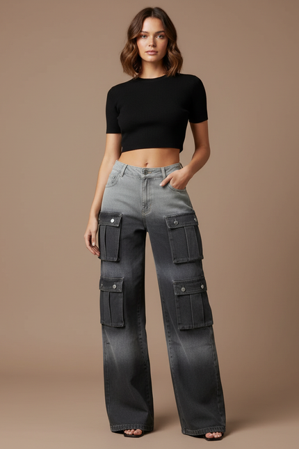 Pantalon Cargo Dégradé Gris Ample Multipoches Femme - Jean