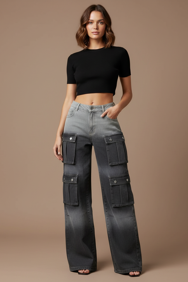 Pantalon Cargo Dégradé Gris Ample Multipoches Femme - Jean