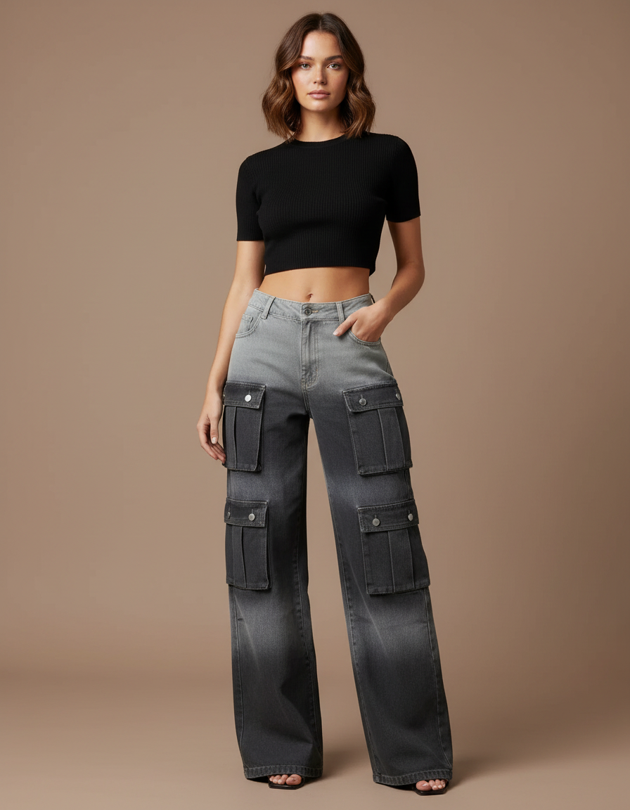 Pantalon Cargo Dégradé Gris Ample Multipoches Femme - Jean