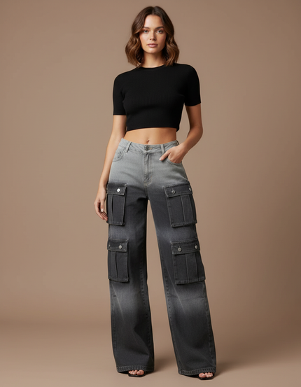 Pantalon Cargo Dégradé Gris Ample Multipoches Femme - Jean