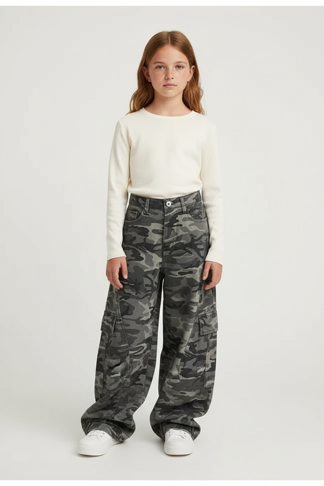 Pantalon Cargo Camouflage Gris Ample Fille - Jean