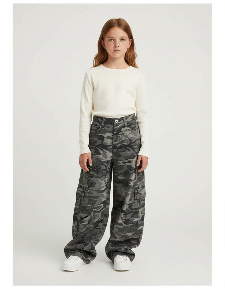 Pantalon Cargo Camouflage Gris Ample Fille - Jean