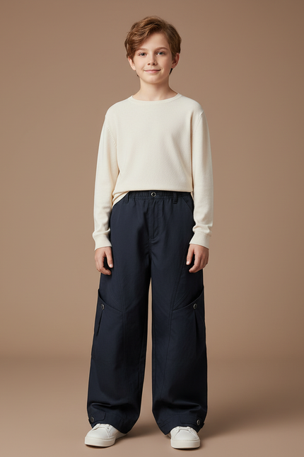 Pantalon Cargo Ample Noir Multipoches Décontracté Enfant - Marine Toile