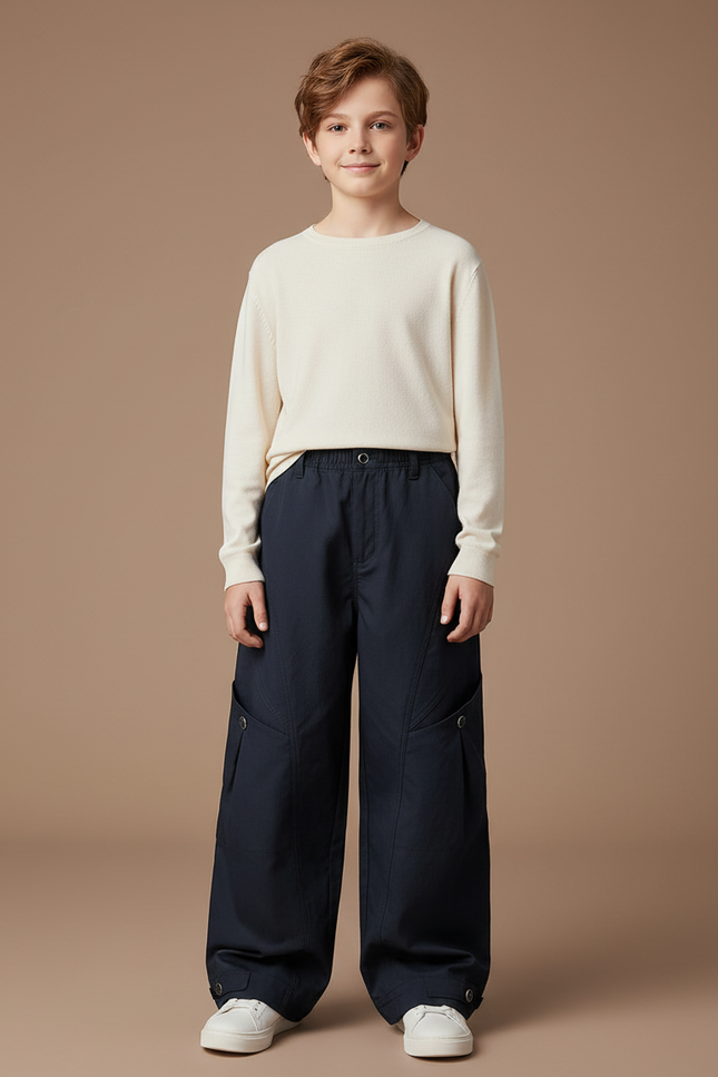 Pantalon Cargo Ample Noir Multipoches Décontracté Enfant - Marine Toile