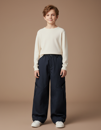 Pantalon Cargo Ample Noir Multipoches Décontracté Enfant - Marine Toile