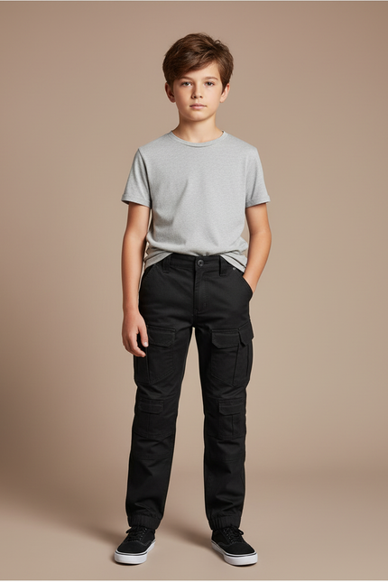 Pantalon Cargo Noir Coupe Droite Décontracté Multipoches Enfant - Toile
