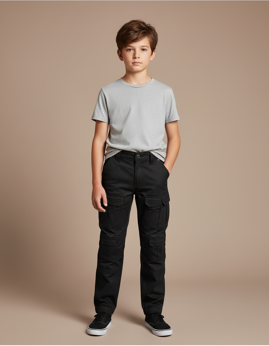 Pantalon Cargo Noir Coupe Droite Décontracté Multipoches Enfant - Toile