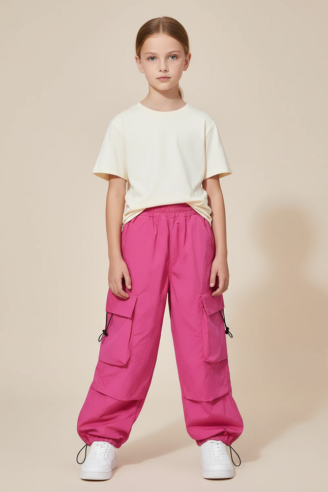 Pantalon Cargo Rose Ample Enfant Poches Streetwear - Polyester