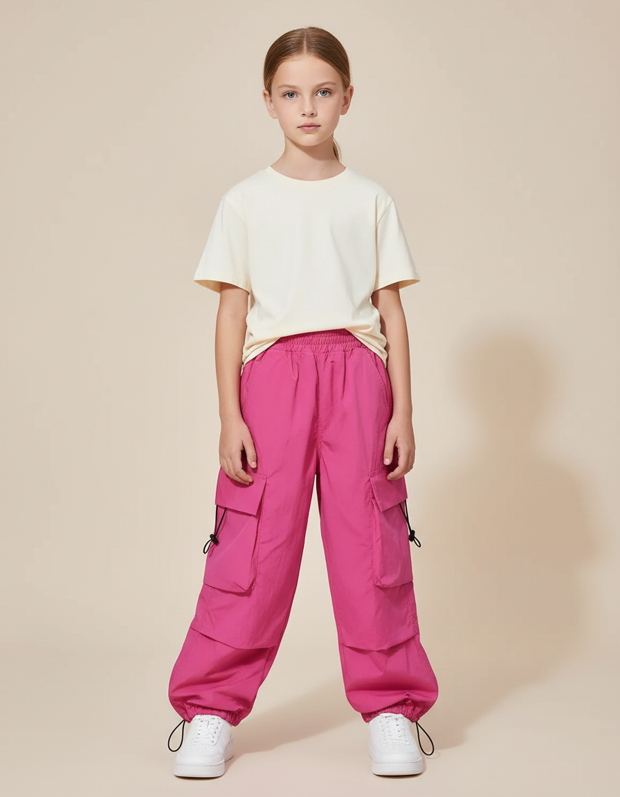 Pantalon Cargo Rose Ample Enfant Poches Streetwear - Polyester