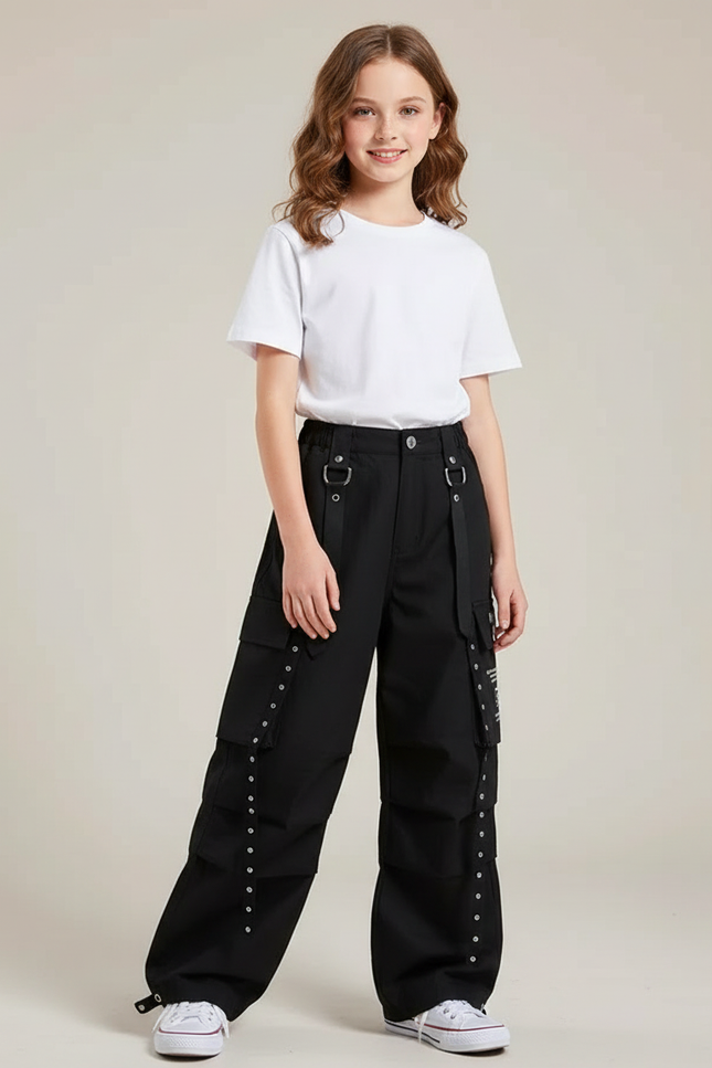 Pantalon Cargo Noir Ample Rivets Fille Streetwear - Toile