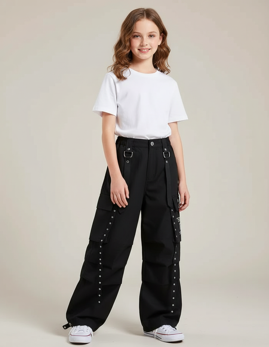 Pantalon Cargo Noir Ample Rivets Fille Streetwear - Toile
