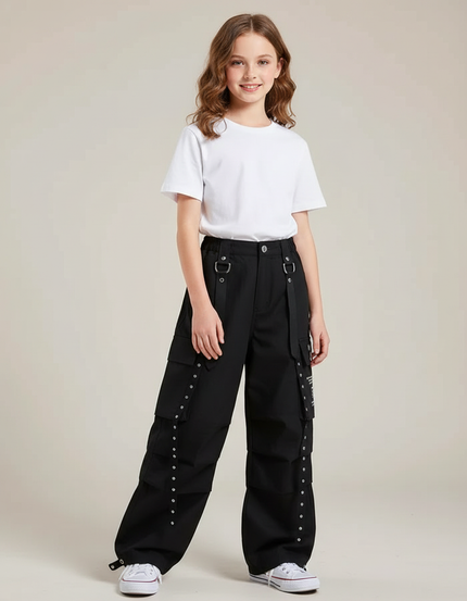 Pantalon Cargo Noir Ample Rivets Fille Streetwear - Toile