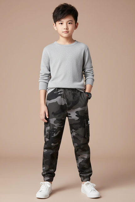 Pantalon Cargo Camouflage Gris Ample Enfant Décontracté - Toile