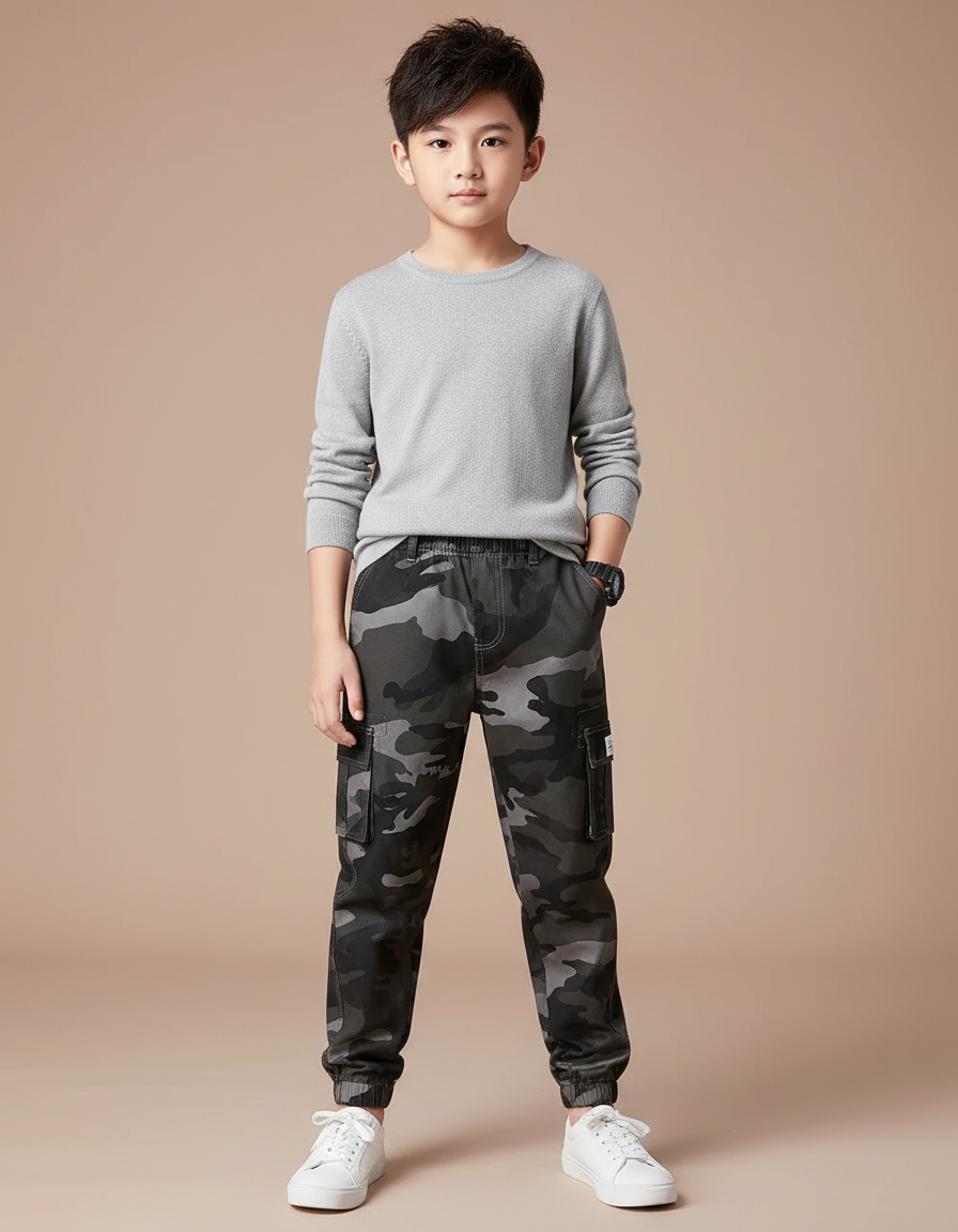 Pantalon Cargo Camouflage Gris Ample Enfant Décontracté - Toile