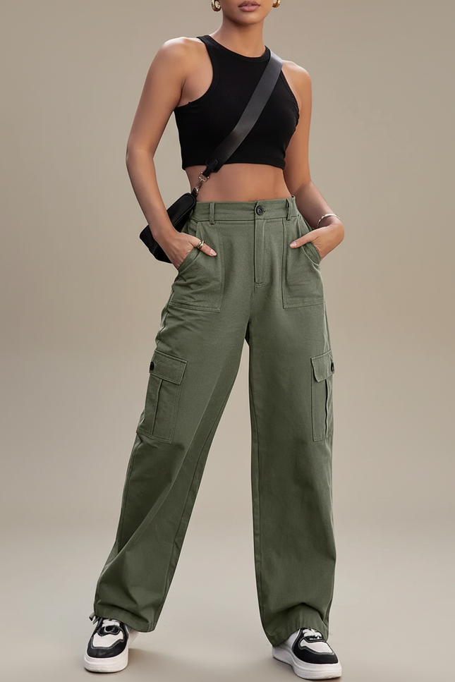 Pantalon Cargo Vert Kaki Ample Décontracté Coton - Toile