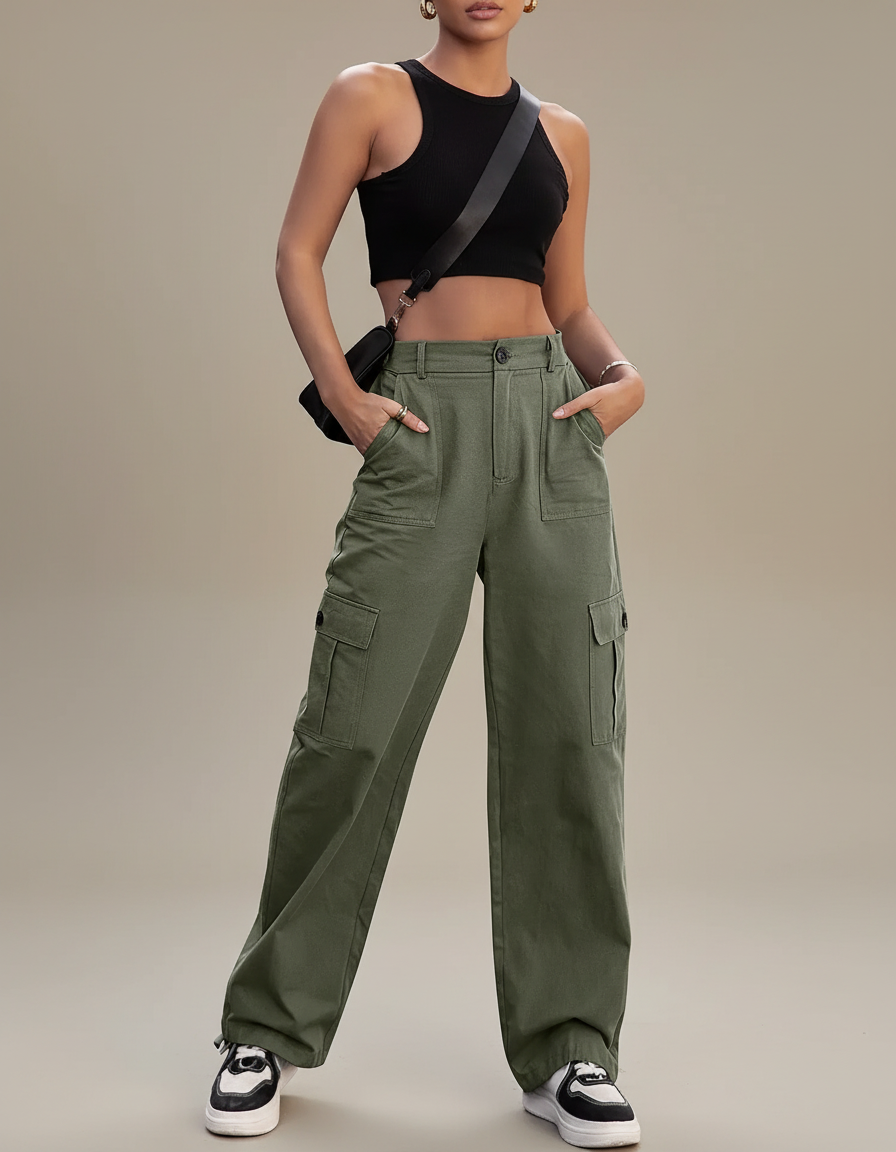 Pantalon Cargo Vert Kaki Ample Décontracté Coton - Toile