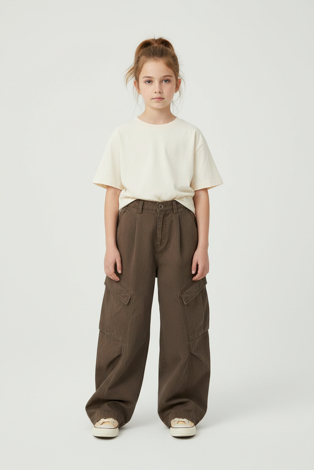 Pantalon Cargo Marron Ample Taille Haute Fille - Toile